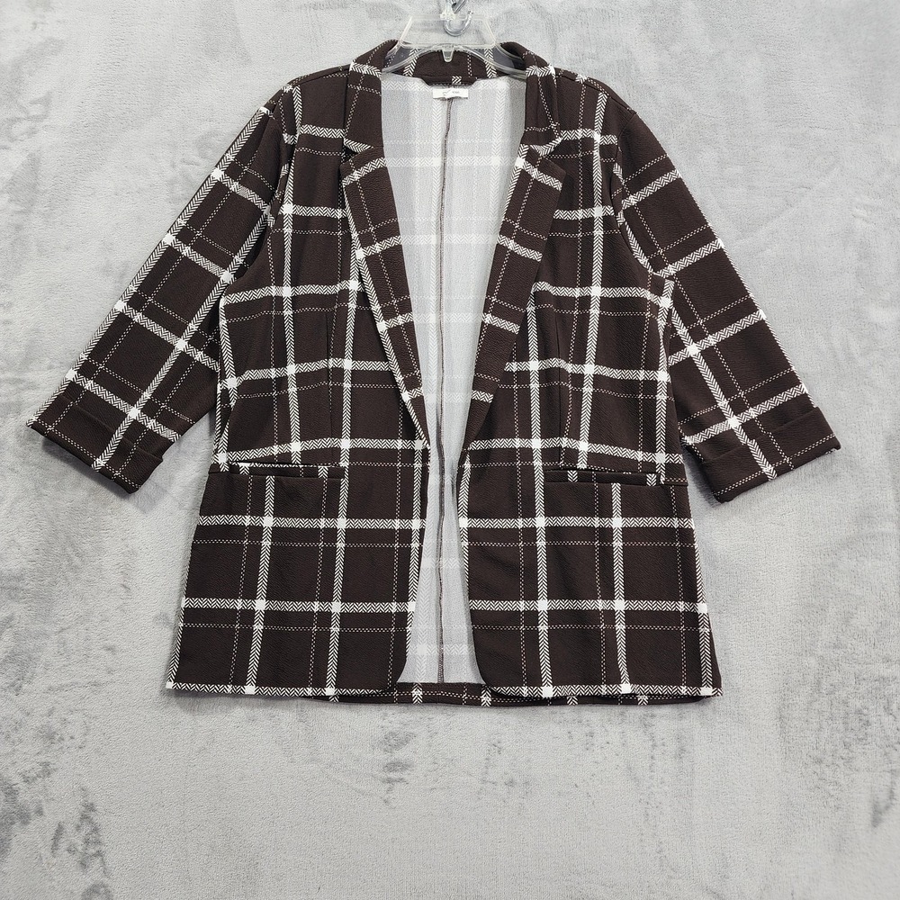Maurices Blazer Womens 2XL Brown Plaid Open Front 3/4 Sleeve Stretch Knit Office